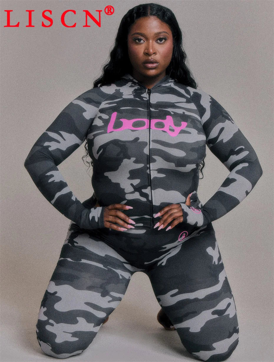 10 Wholesale Fall Tracksuits Camouflage Printing Two Piece Set Womens Outfits Slim Long Sleeve Hooded Jackets + Pants K15697_2