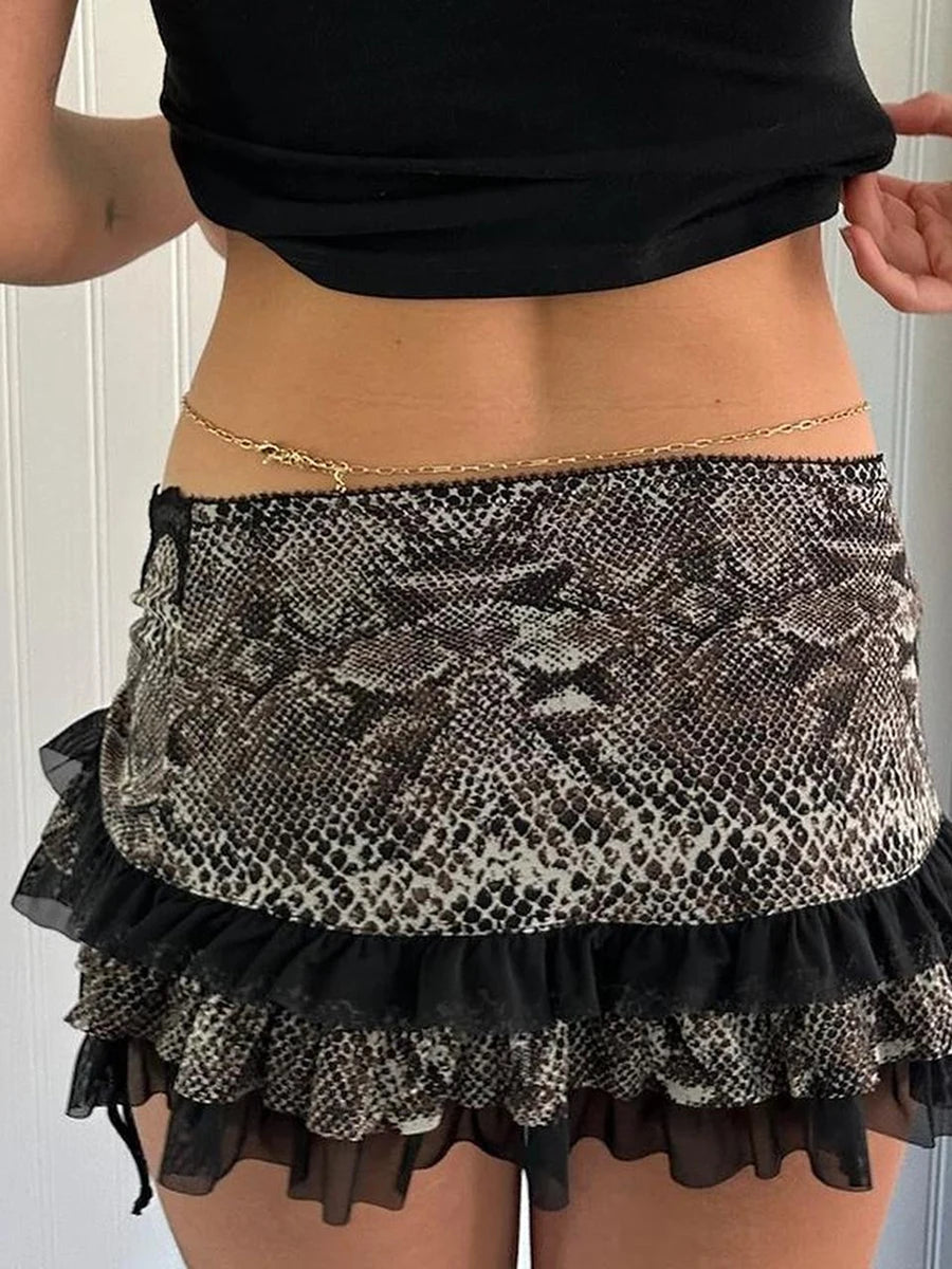 Y2K Fairycore Skirt Leopard Drawstring Harajuku Streetwear Gothic Retro Mini Skirt Hip Hop Low Rise Skirts Punk Fashion Dress
