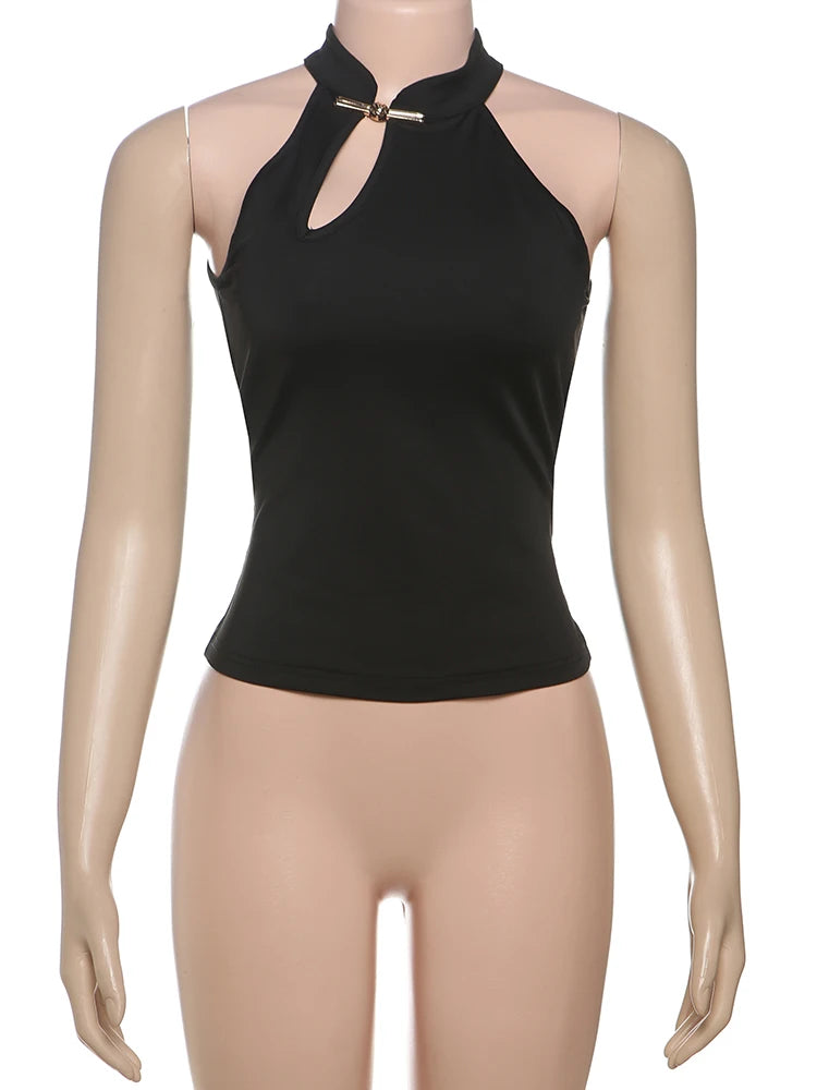 Weird Puss Cheongsam Buckle Tank Tops Women Y2K Summer Trend Basic Classic Hollow Solid Simple Street Stretch Daily Chic Vest