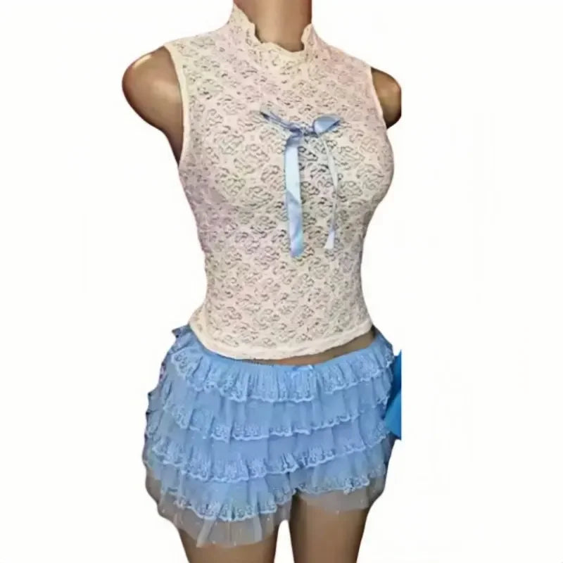 HLJ&GG Sweet Lace Sheer Ruched Two Piece Sets Women Round Neck Sleeveless Top And Skirts Shorts Outfits Fashion 2pcs Streetwear