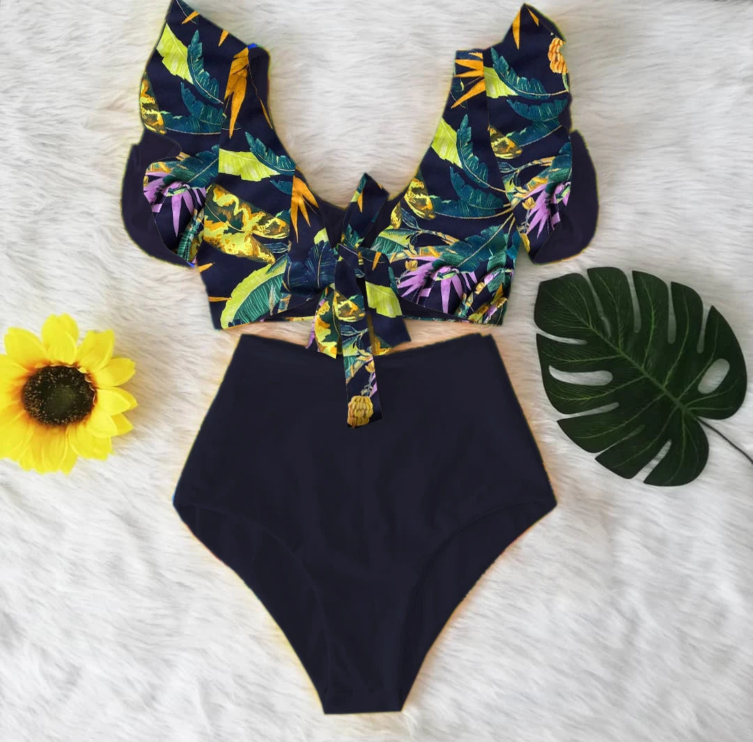 2026 High Waist Bandage Bikini Set For Women Floral Printed Ruffle Bikinis Push Up Strappy Brazilian Biquini Swimwear Swimsuit