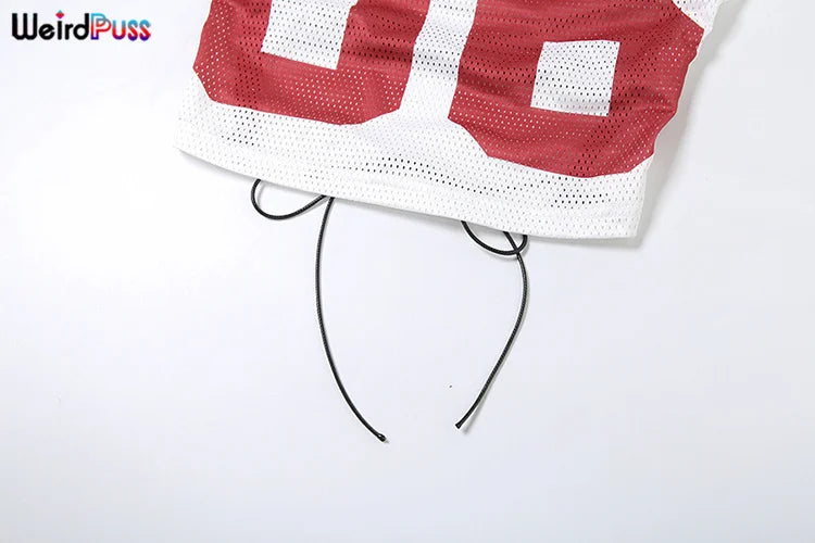 Weird Puss Mesh Halter Crop Tops Woman Summer Bandage Backless Patchwork Number Print Swing Collar Party Streetwear Skinny Vest