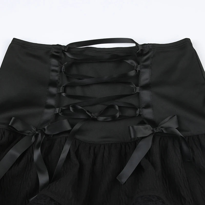Darlingaga Gothic Y2K Lace Trim Mini Skirt Harajuku Vintage Tie Up Bow Dark Academia Sexy Women Skirts Hottie A-Line Grunge New