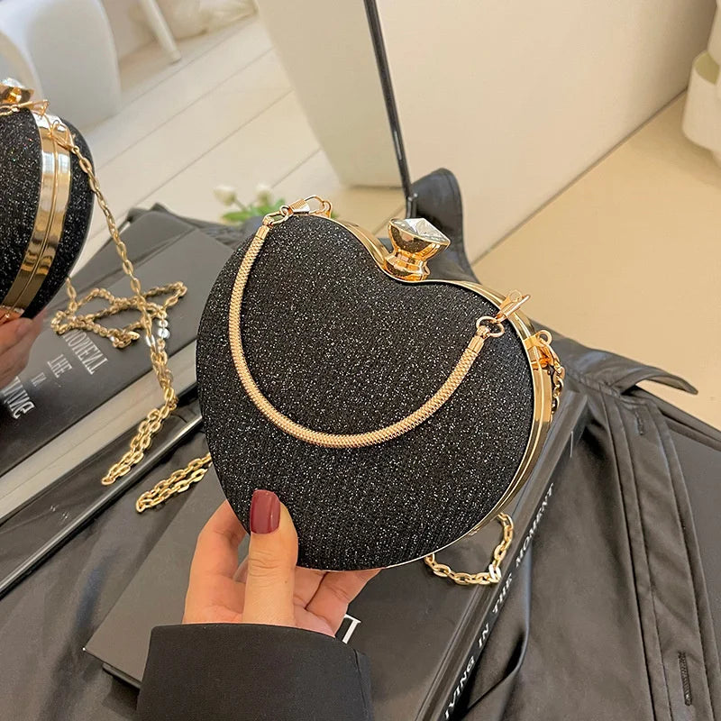 Evening Clutch Bag For Women Shiny Heart Shape Metal Clutch Chain Shoulder Purse