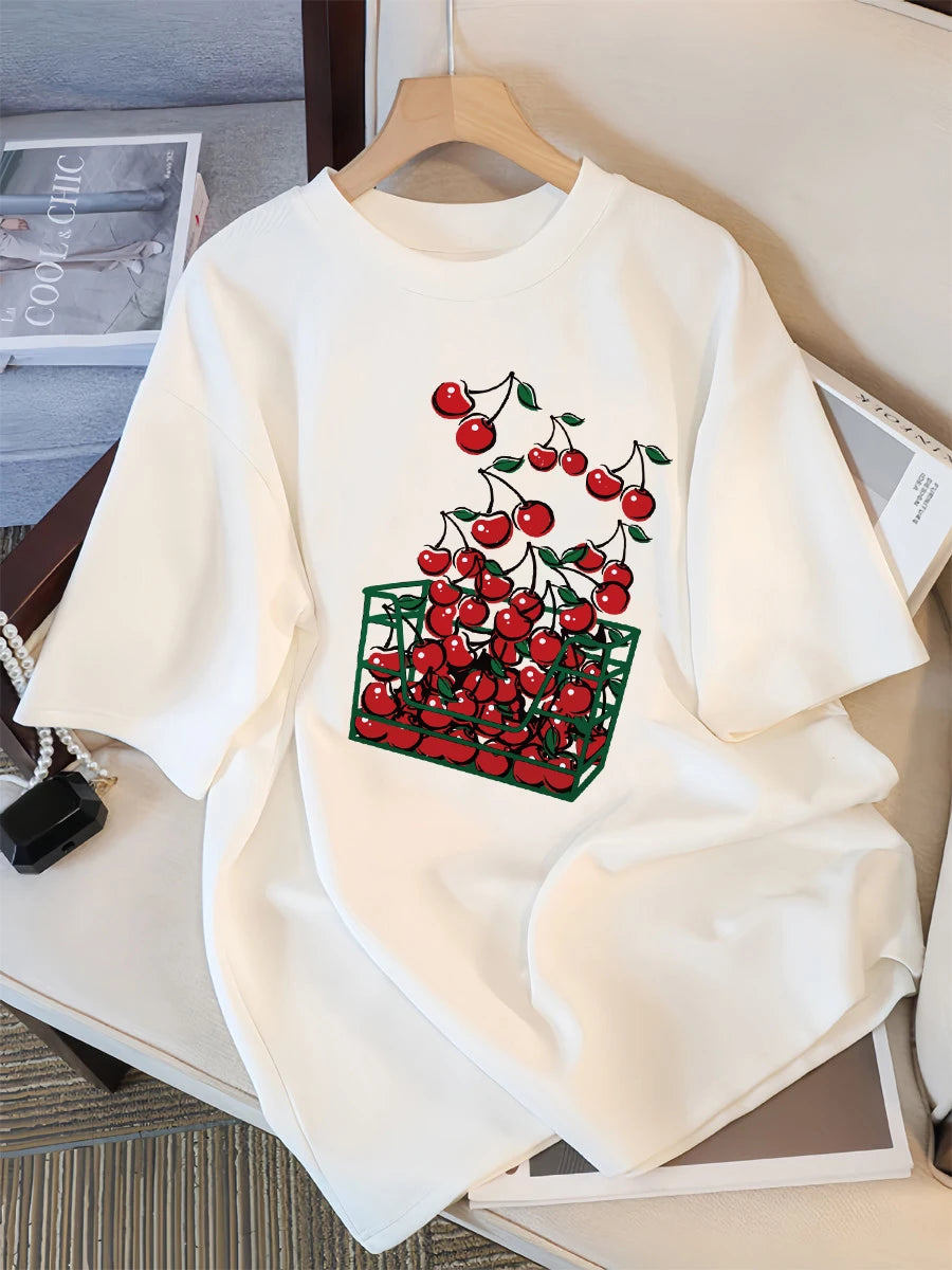A Basket Of Cherries Printing Female Tee Shirt Breathable Casual T-Shirts Summer Short Sleeve Soft Loose Streetwear Women