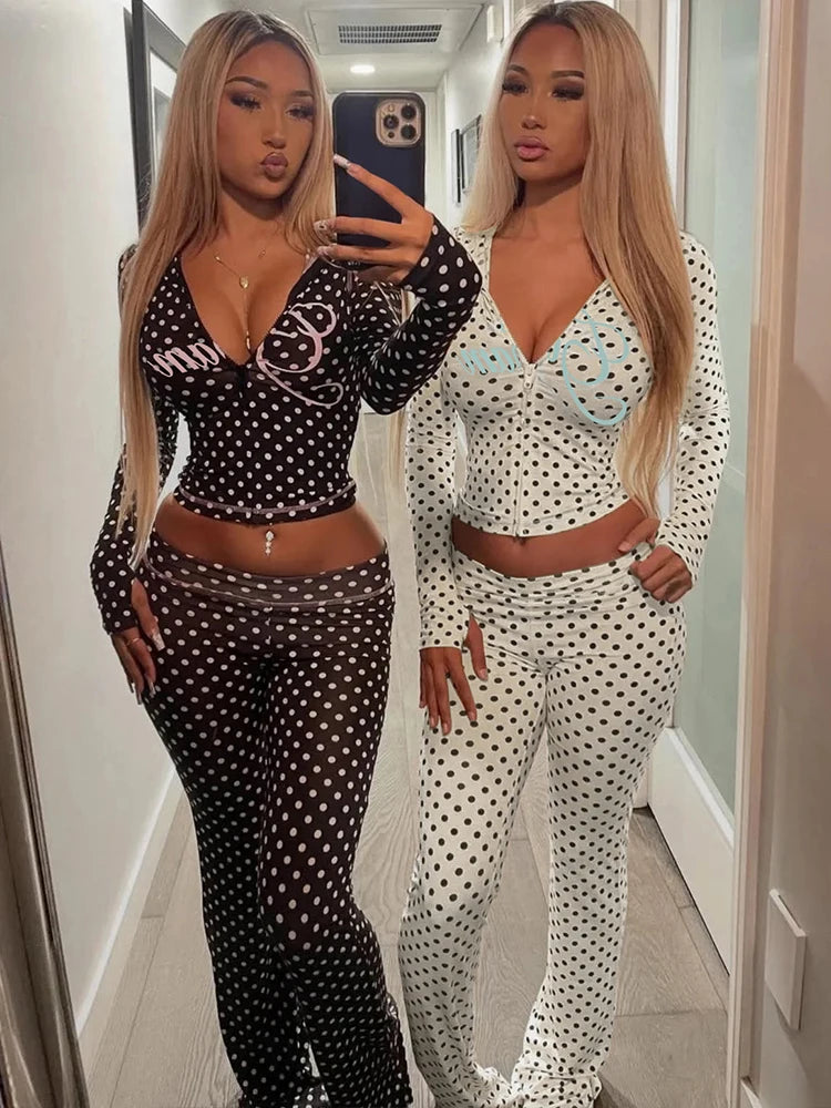 Weird Puss Polka Dot Letter Print 2 Piece Set Woman Tracksuit Trend Sexy Hooded Jacket+Pants Skinny Stretch Matching Streetwear