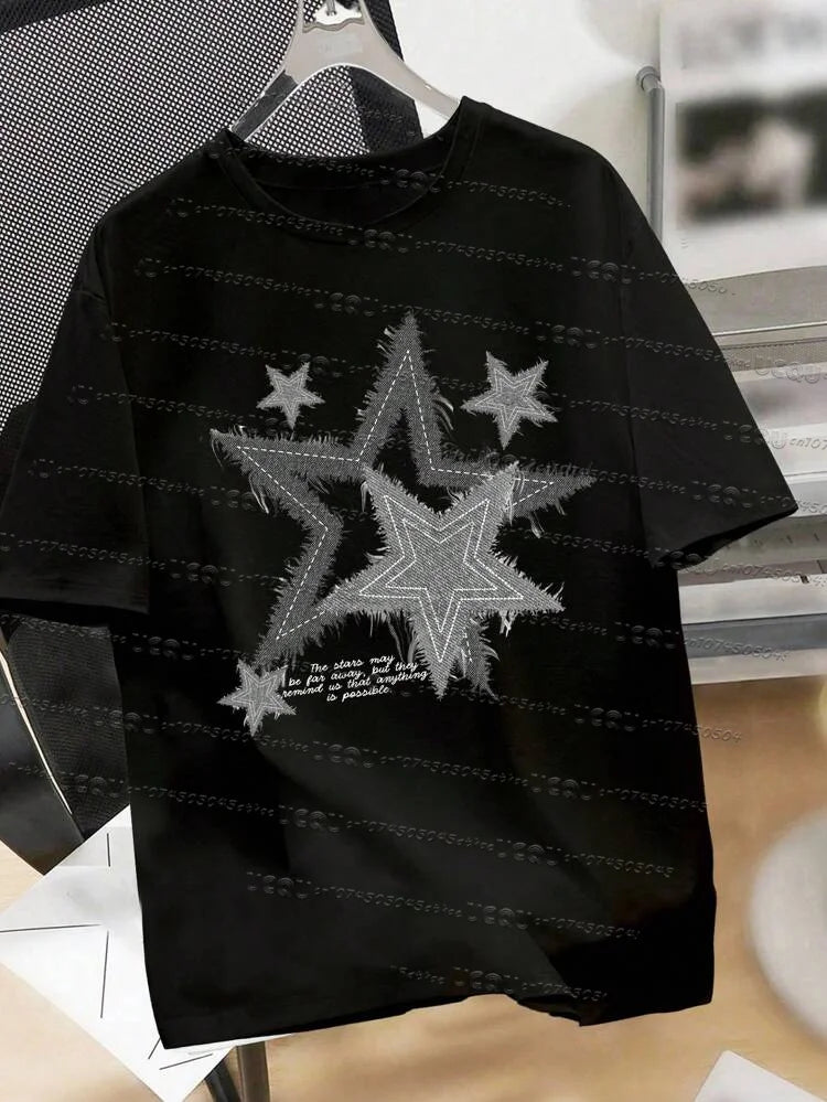 Melted Star Pattern Printed Cotton Short Sleeved O-Neck Loose Breathable Street Tee Summer Women'S Fashionable Home Clothing Top