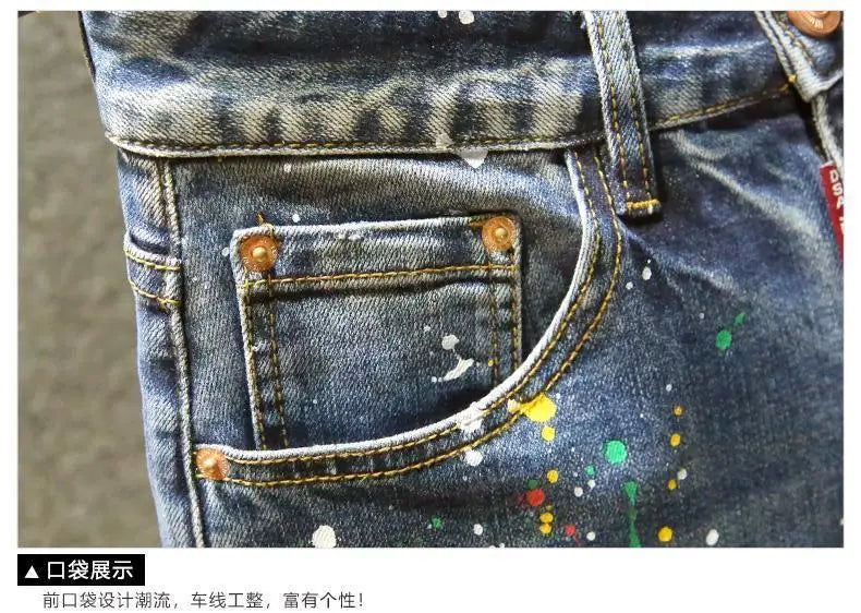 Spring Autumn Designer Clothes Men's Korean Stylish Slim Fit Jeans Fashion Trendy Painted Denim Pants Ink Stretch Skinny Pants