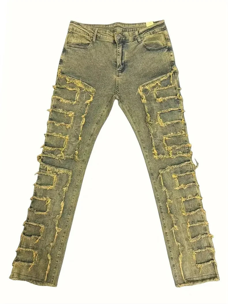 Casual Distressed Men's Jeans Tassels Patchwork Design Vintage Washed Stretch Denim Pants Straight Fashion Streetwear Trousers