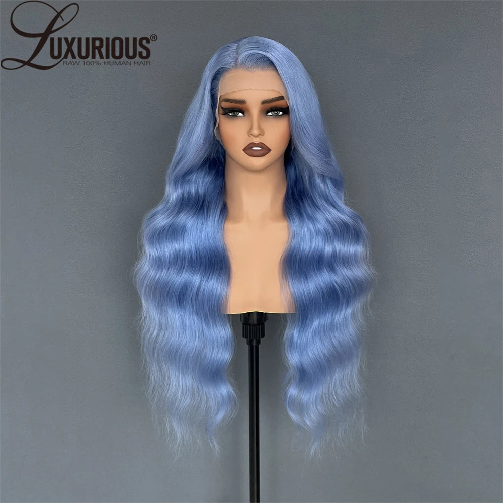 Luxurious 180% Density Ice Blue Virgin Human Hair Wigs 13x4 Body Wave Swiss Transparent Lace Front Wigs With Natural Hairline
