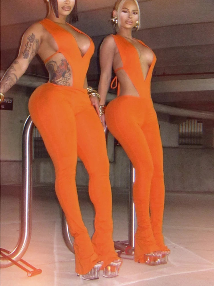 Weird Puss Sexy Hipster Women Tracksuit 2 Piece Set Deep V-Neck Sleeveless Bodysuit+Leggings Matching Hipster Streetwear Outfits