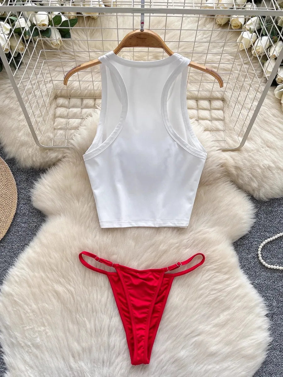 Foamlina Seaside Beach Suit Women's Swimsuit Two-piece Set Pure Desire Sleeveless Printed T-Shirt Vest Bikini Triangle Shorts