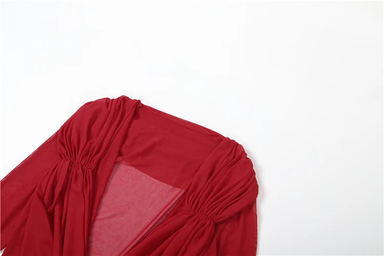 Weird Puss Sexy Thin Mesh Dress Women Deep Swing Collar Ruched Elegant Birthday Prom Party Clubwear Stretch Skinny Maxi Bodycon