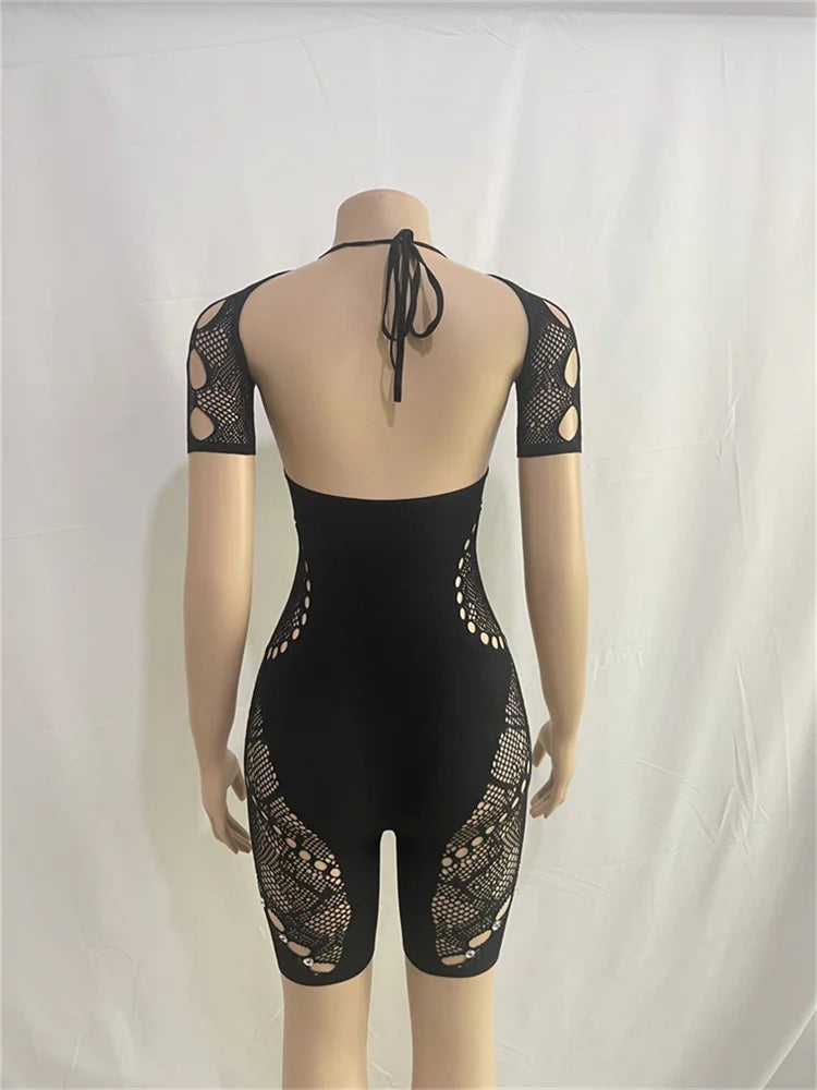 Club Outfits Sexy Jumpsuits for Women Short Sleeve Bodycon Rompers Jumpsuit Skinny Pink Mesh See Though One-piece Overalls 2024