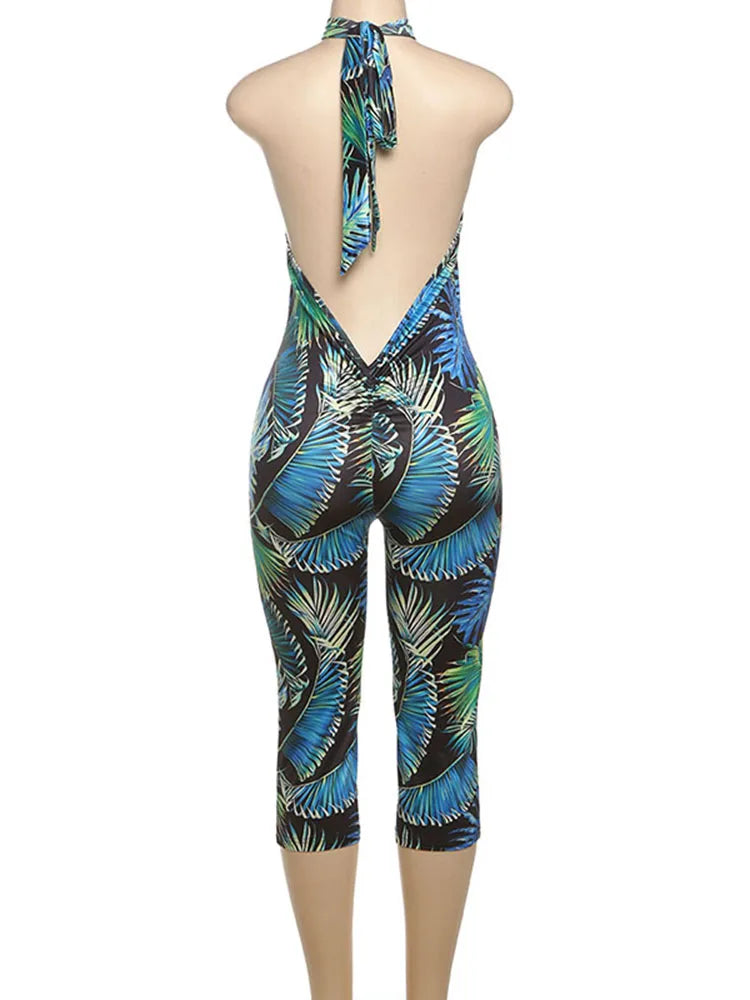 Weird Puss Backless Romper Women Halter Bandage Leopard Print Fit Tight Stretch Summer Sexy Hipster Activity Workout Playsuits