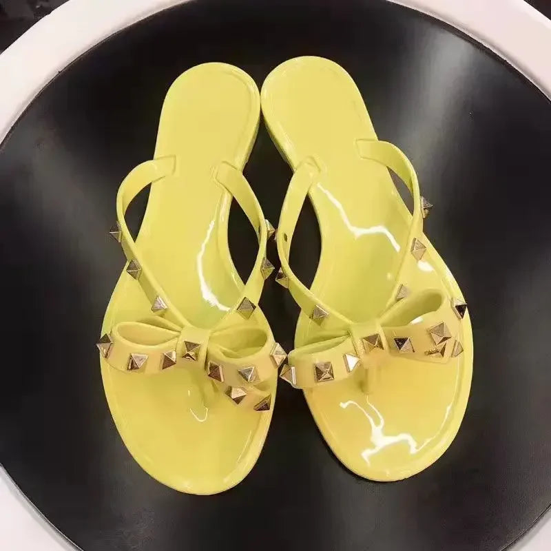 Size 36-42 2026 Hot Sale Fashion Women's Flip Flops Summer Shoes Cool Beach Rivet Big Bow Flat Sandals Jelly Shoes Sandals Girls