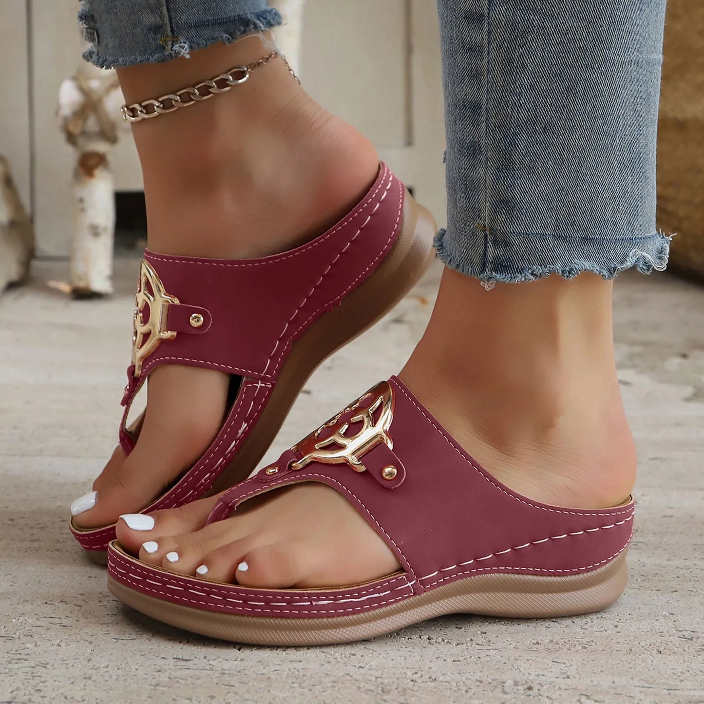 Flip Flops Women's Hollow Out Wedge Summer Wedge Sandals Clip Toe Orthopedic Sandals Woman PU Leather Non-Slip Soft Flip Flops
