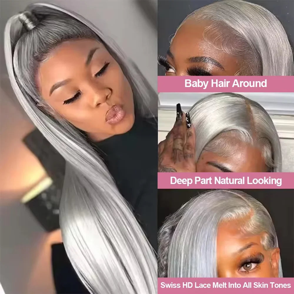 250% Grey Straight Lace Frontal Human Hair Wig 13x6 HD Transparent Lace Front Wigs Silver Gray Color Pre Plucked Human Hair Wig
