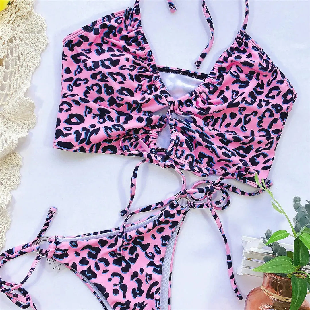 Sexy High Cut Leopard Bikini Women Swimwear Female Swimsuit Two-pieces Bikini set Lace Up Bather Bathing Suit Swim V1708