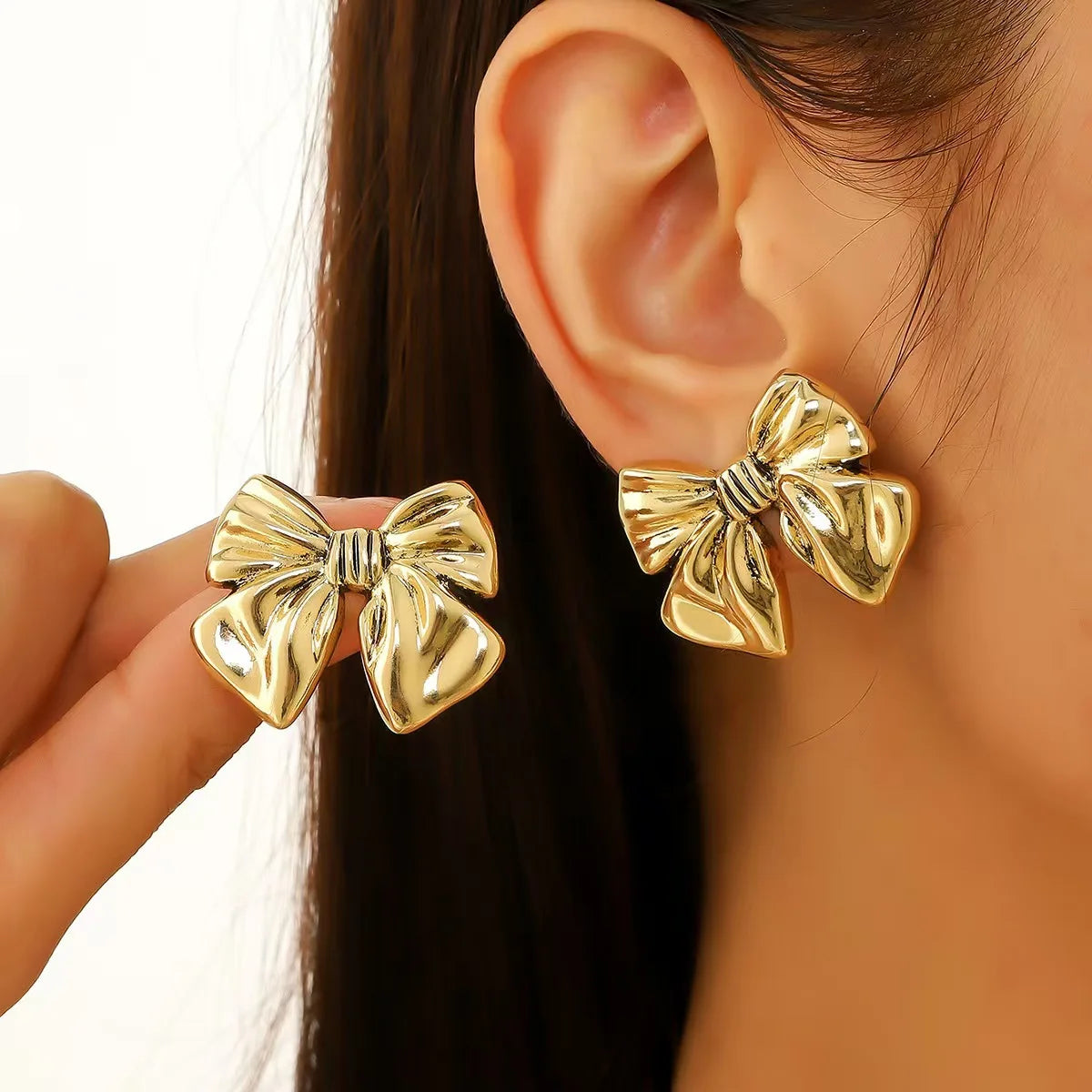 Fashion Bow Shape Metal Stud Earrings for Women Girls Cute Gold Color Stainless Steel Earring Statement Jewelry Gift