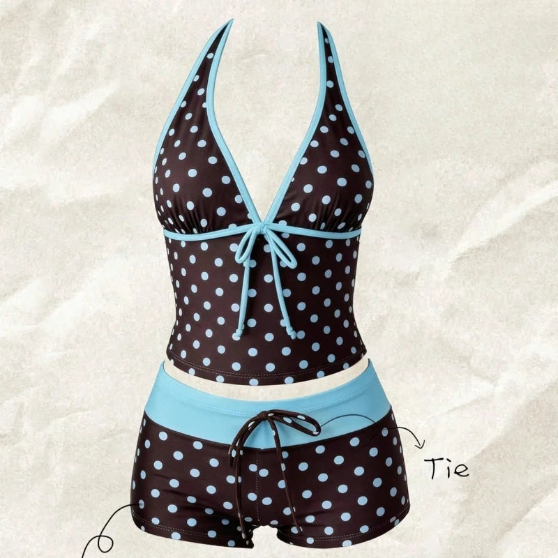 Women Swimwears Polka Dot 2-Piece Tankini Set Halter V Neck Front Tie Cami Top & Contrast Waistband Drawstring Swim Shorts