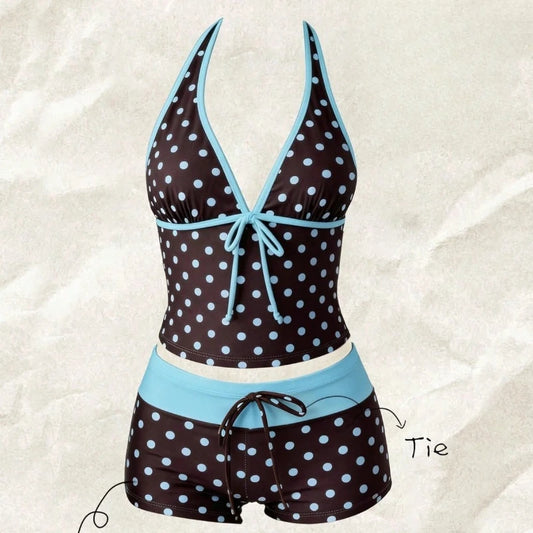 Women Swimwears Polka Dot 2-Piece Tankini Set Halter V Neck Front Tie Cami Top & Contrast Waistband Drawstring Swim Shorts