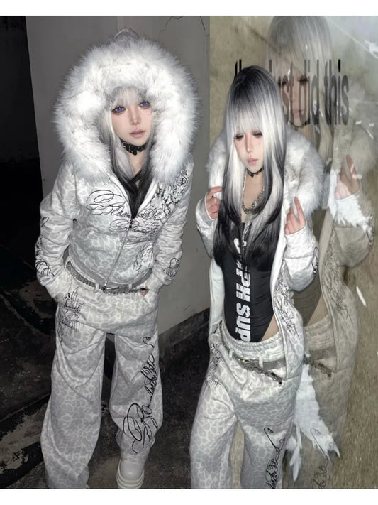 Vintage Y2K White Leopard Print Zip Up Hoodie And Sweatpants Set Unisex With Gothic Font Embroidery For Fall Winter Casual Wear