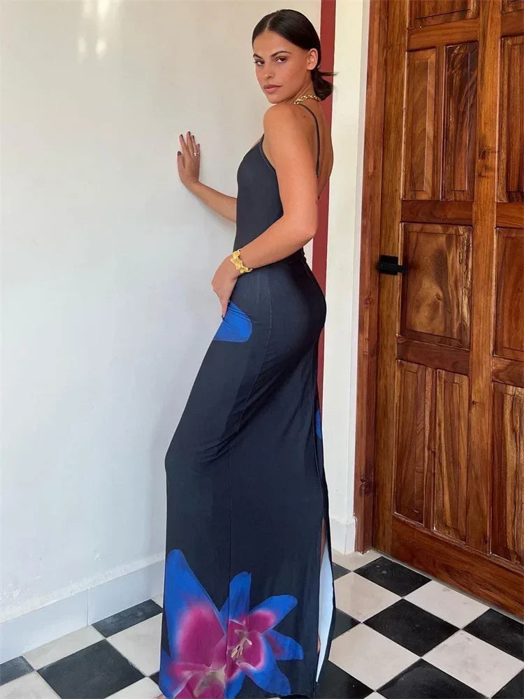Elegant Printed Backless Long Dress Summer Women's Fashion Contrast Color Party Dress Patchwork Suspender Long Dress 2024 New