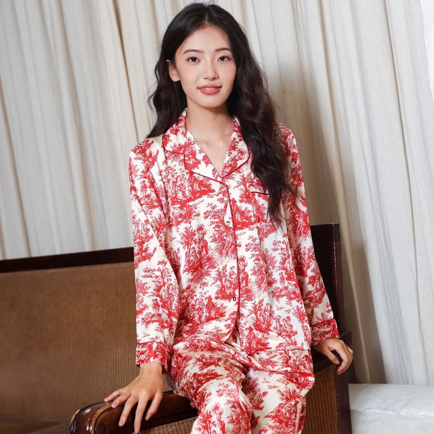 Hot Pink Bow Print Top&pant Loose Homewear Lady Casual 2Pcs Outfit Pijama Mujer Ice Silk Sleepwear Spring Autumn New Pyjamas