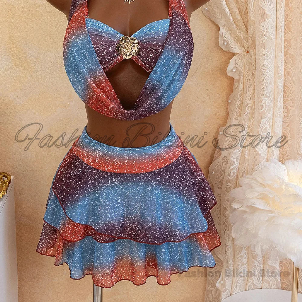Sexy Blue Gradient Bikini Set 2026 Women Metal 3D Flower Push Up High Waist Pleate Skirt Swimsuit Holiday Bathing Suit Swimwear