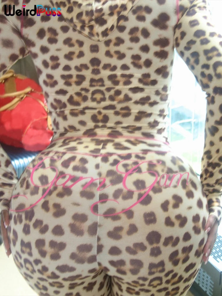 Weird Puss Leopard Contrast Letter Print 2 Piece Set Women Hooded Full Sleeve Crop Jacket+Skinny Stretch Flare Pants Trend Suits