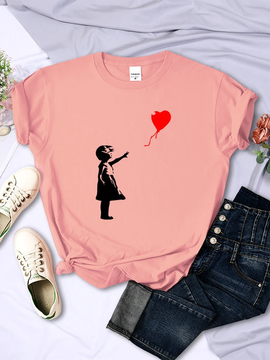 Let'S Fly Love Balloons Prints Womens T-Shirt Soft Breathable Short Sleeve Street Hip Hop Trend Tops Casual Female Tee Clothing