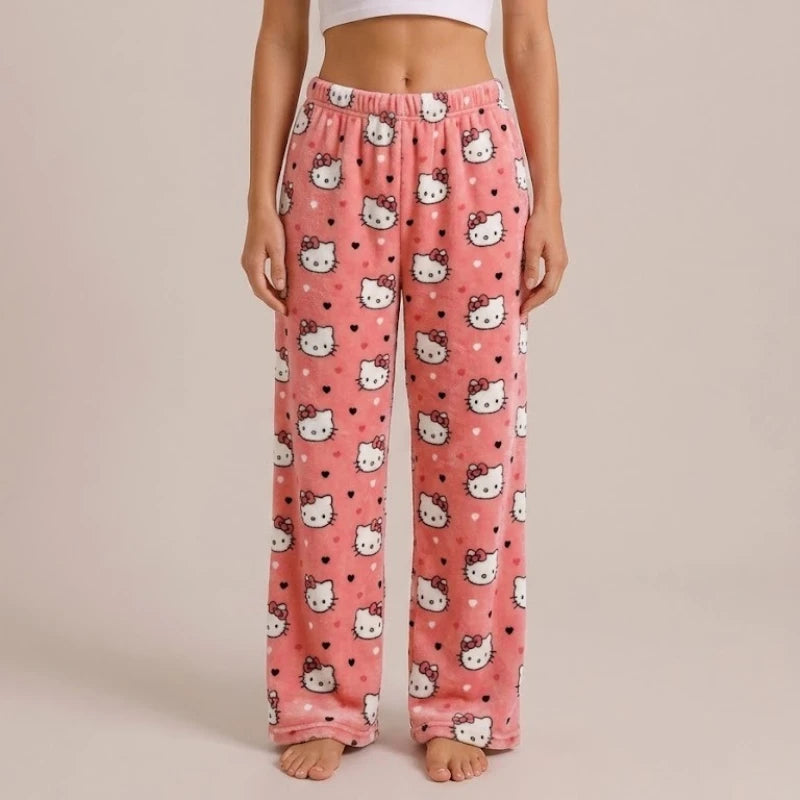 Hello Kitty Fleece Coral Pajama Pants Soft Trousers Women Casual Home Trousers Anime Cartoon Birthday Gift