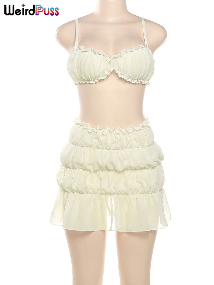 Weird Puss Ruffles 2 Piece Set Women Summer Vacation Beach Style Thin Camisole+Ruched Sexy Peach Hip Skirts Matching Clubwear