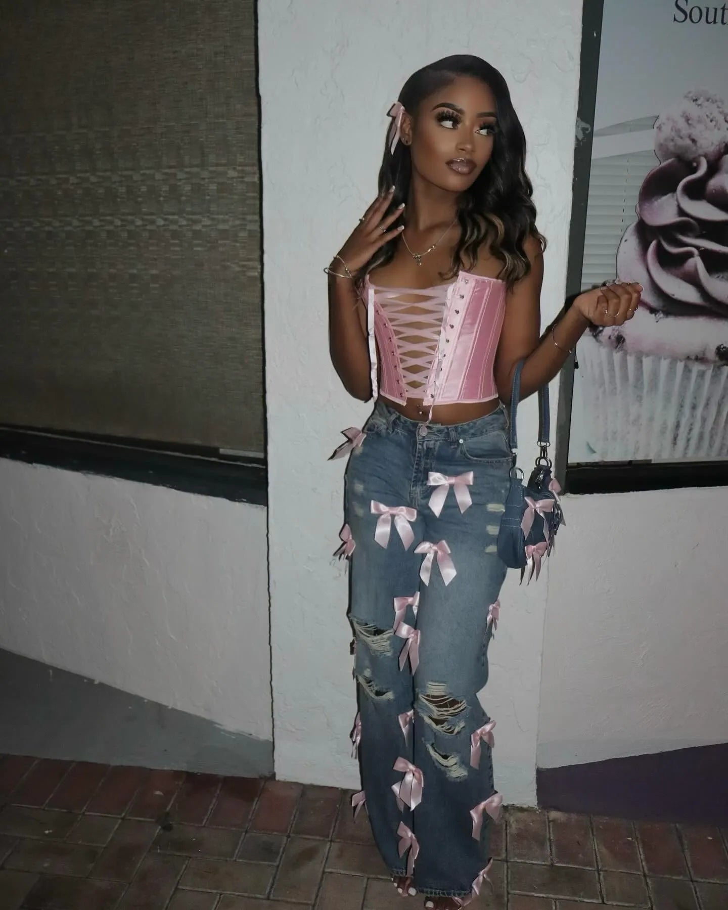 HLJ&GG Y2K Fashion Bow Sweet Straight Jeans Pants Women High Waisted Button Pocket, Hot Girl Streetwear Bottoms 2025