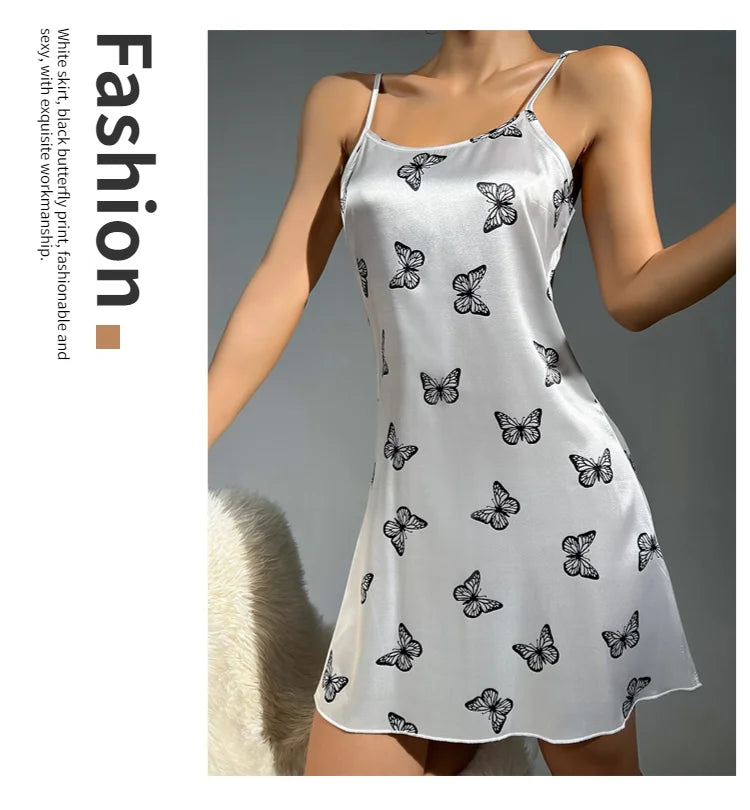 Women Sleepwear Satin Nightgown Mini Slip Chemise Short Nightwear Butterfly Print Spaghetti Strap Cami Nightdress