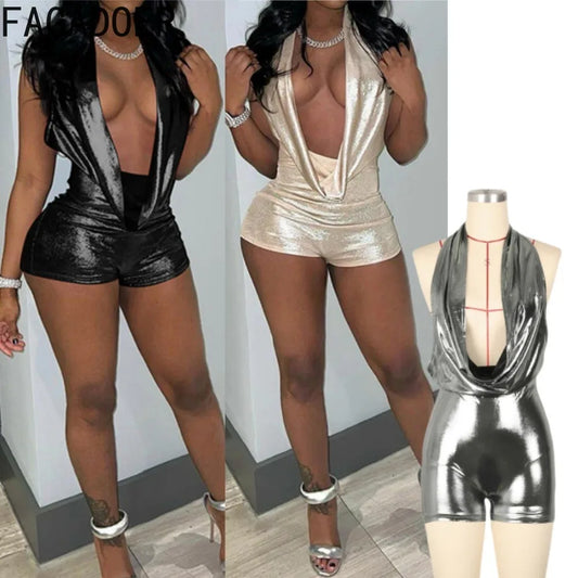 FAGADOER Halter Sexy One Piece Rompers Women Shiny Metallic Deep V-neck Backless Sleeveless Bodycon Overalls Hot Girl Clubwear