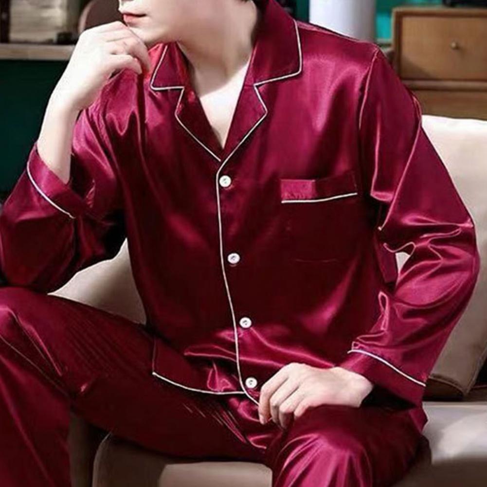 1 Set Men Sleepwear Solid Color Long Sleeved Single Breasted Home Wear Ice Silk Loose Plus Size Pajamas Set For Home