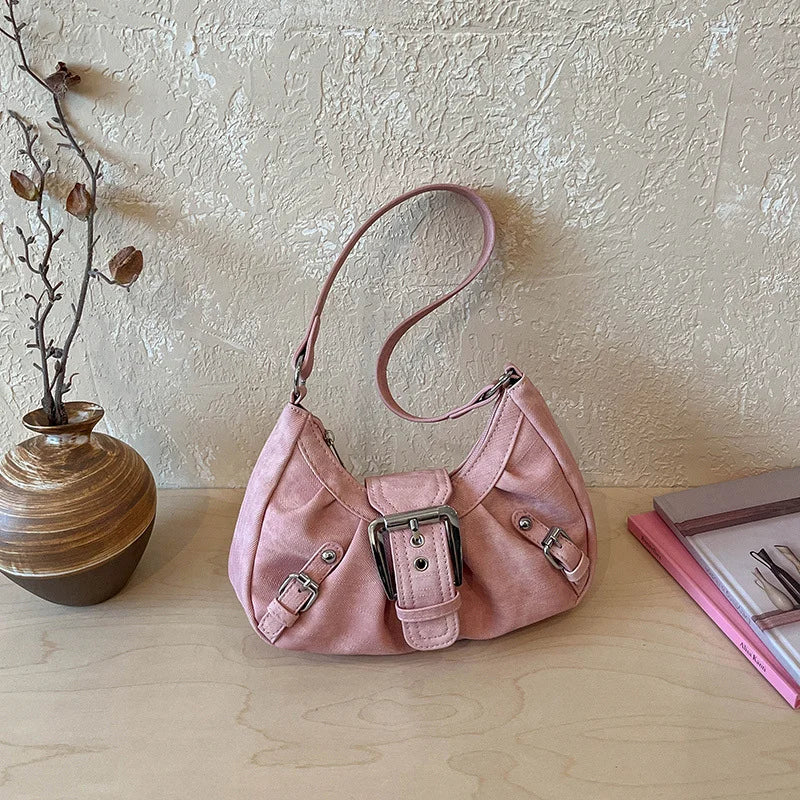 Vintage Tie-Dye Denim Underarm Bag Y2K Metal Buckle Pleated Commuting Versatile Handbag Crescent Small Shoulder Bag