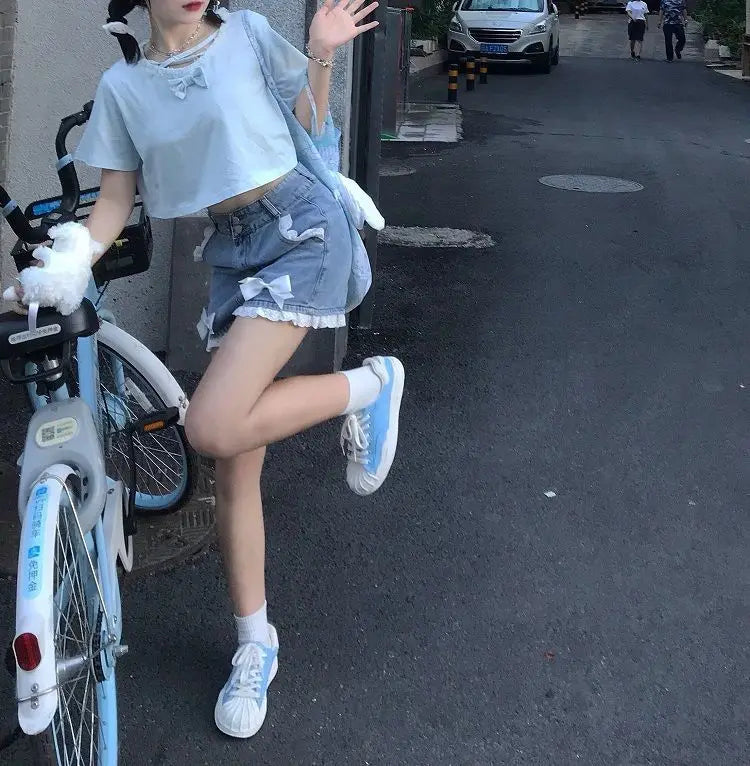 Japanese Preppy Style Bow Lace Patchwork Y2k Shorts Women Summer Straight Hotsweet High Waist jeans Short Pants Ruched