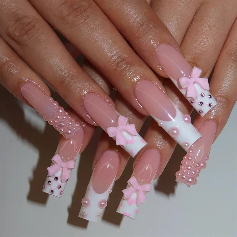 24pcs Long French Fake Nail with Pink Bow Design Sweet Ballet False Nail Tips for Lady Women Wearable European Press on Nails