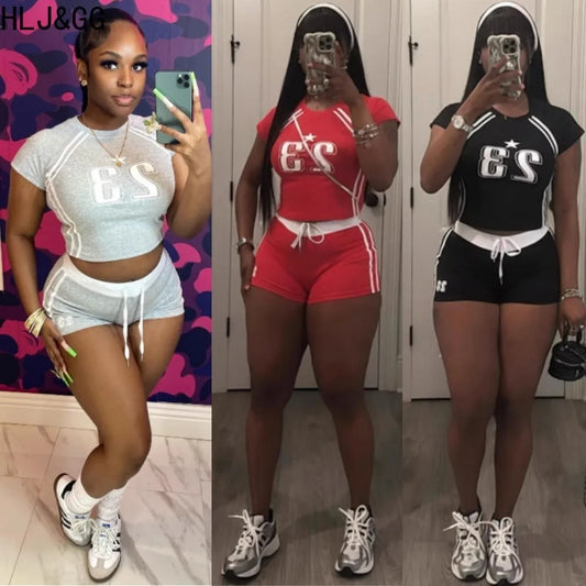 HLJ&GG Summer New Letter Print Drawstring Shorts Two Piece Sets Women Round Neck Short Sleeve Slim Crop Top And Shorts Outfits