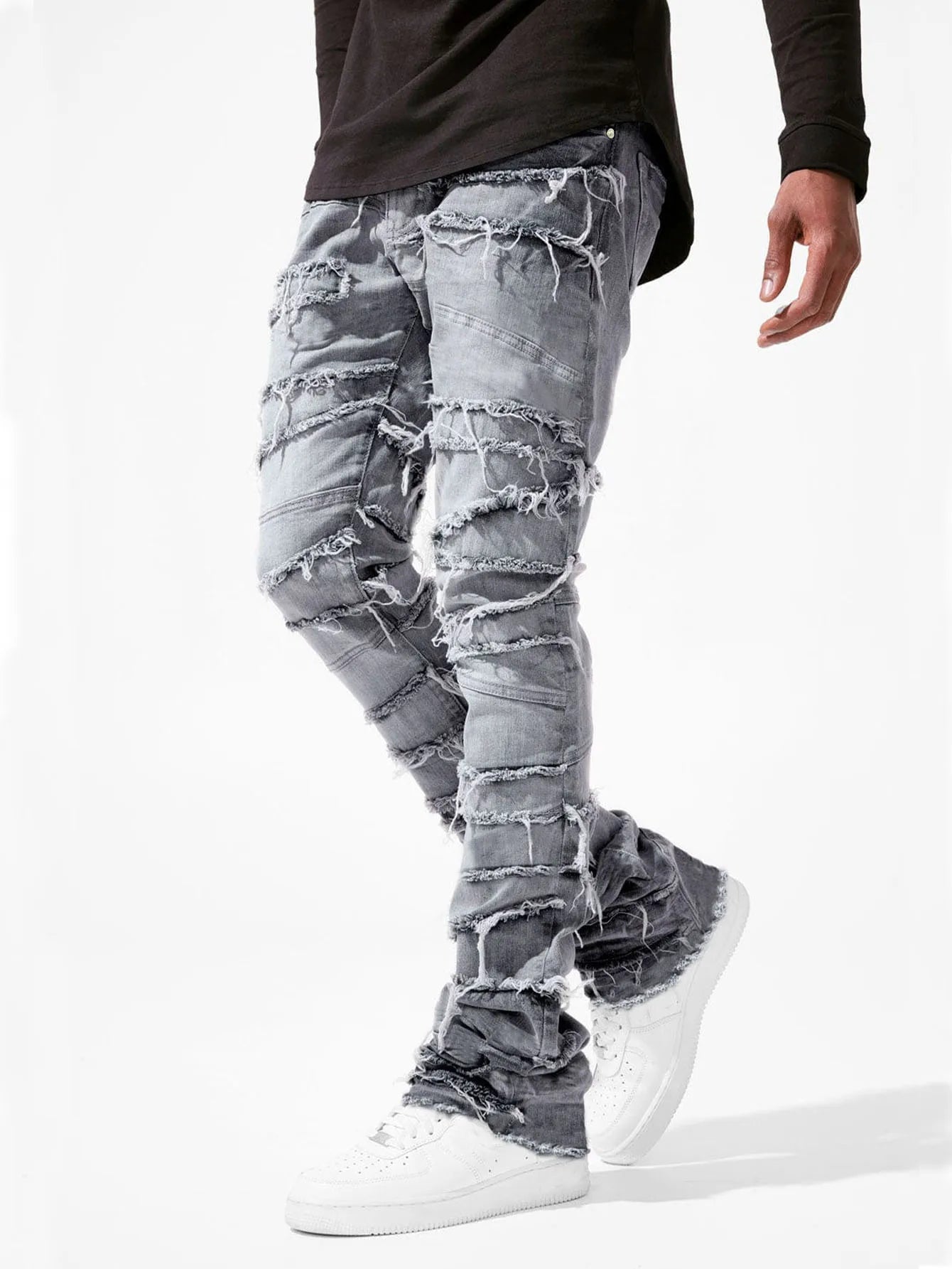 Straight Pant Men Jeans Denim Pants Slim Fit Irregular Folds Tassel Splice Simple Button Pocket High Street Trousers Spring