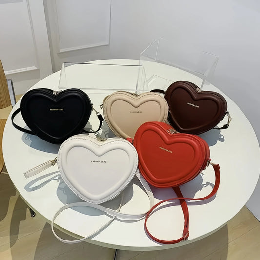 Hot Selling Heart Crossbody Bag Women's Solid Color PU Leather Versatile Sweet Shoulder Bag Fashion Handbag-tan