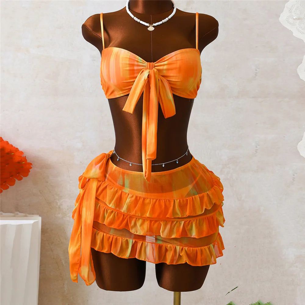 Orange Print Front Knotted Bikinis Sets 3 Pieces Ruffled Skirts Swimwear Sexy Micro Thong Swimsuit Women 2026 Bikini Beachwear