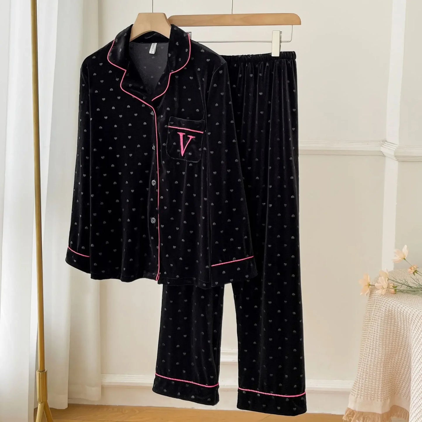 Velvet Dot Print 2Pcs Top&pants Lady Warm Home Clothes Autumn Winter New Pajamas Sexy Trousers Suit Loose Sleepwear Women Pjs