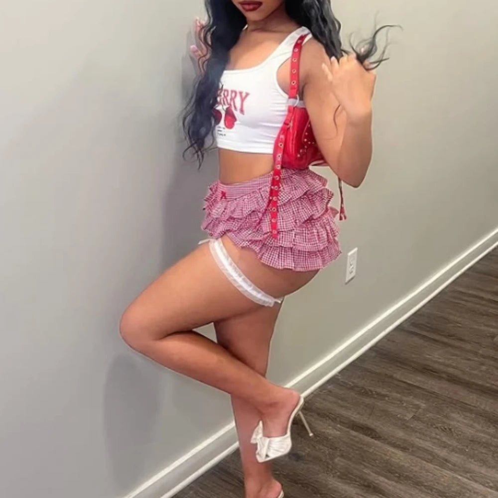 HLJ&GG Y2K Sweet Cherry Print Two Piece Sets Women Round Neck Sleeveless Slim Tank Top And Ruffle Plaid Shorts Outfit Streetwear