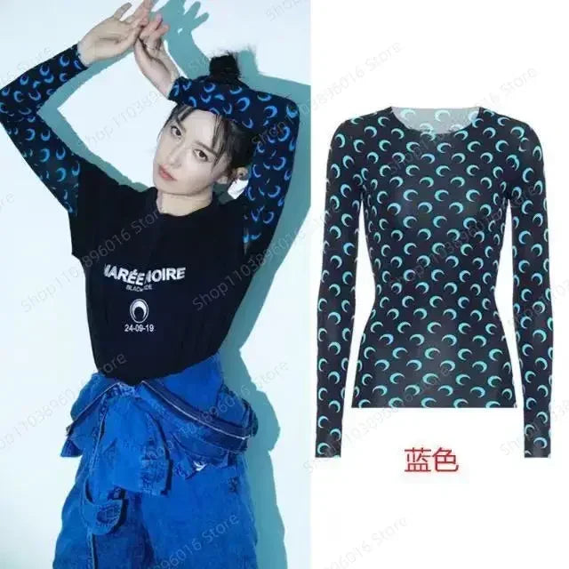 Moon Printed Tshirt Graphic Top for Women Stretchy Slim Korean Fall Spring Long Sleeve Tees Y2k Grunge T-Shirt 2000s Clothes