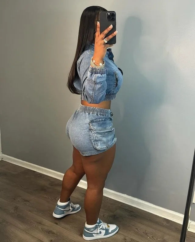 HLJ&GG Blue Fashion jeans Pocket Cargo Shorts Two Piece Sets Women Zipper Long Sleeve Crop Top And Shorts Outfits Cowboy Suits