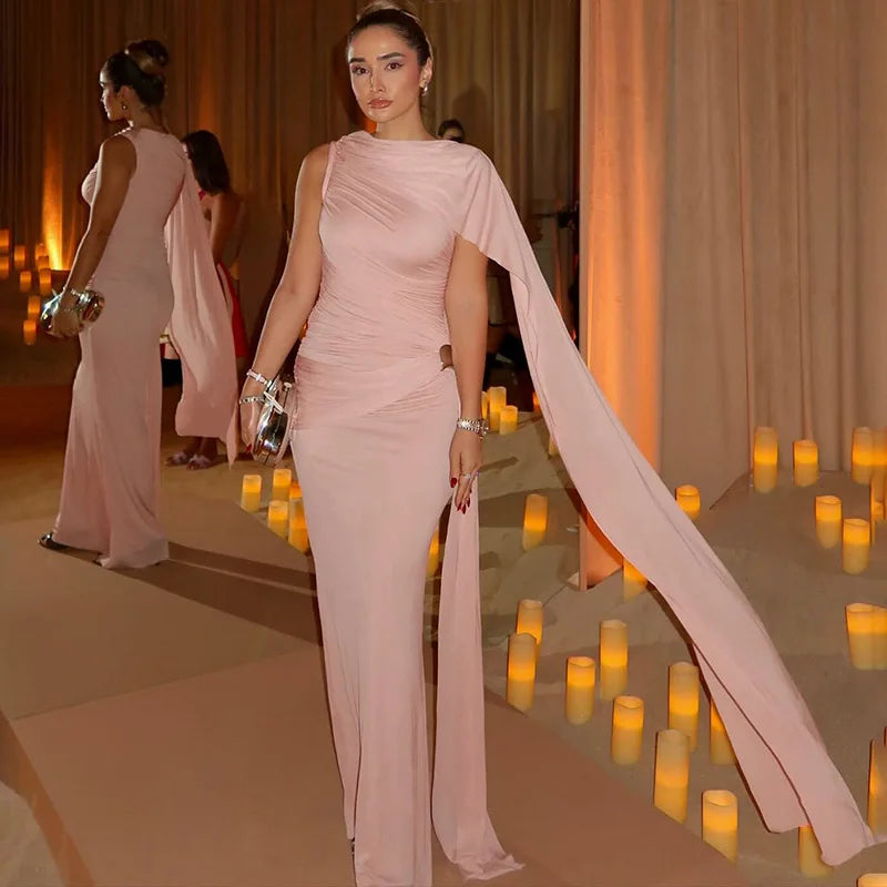 Elegant Ruched Maxi Dress for Women Ribbon Sleeveless Bodycon O-neck Long Dresses 2026 Spring Summer Party Evening Vacation